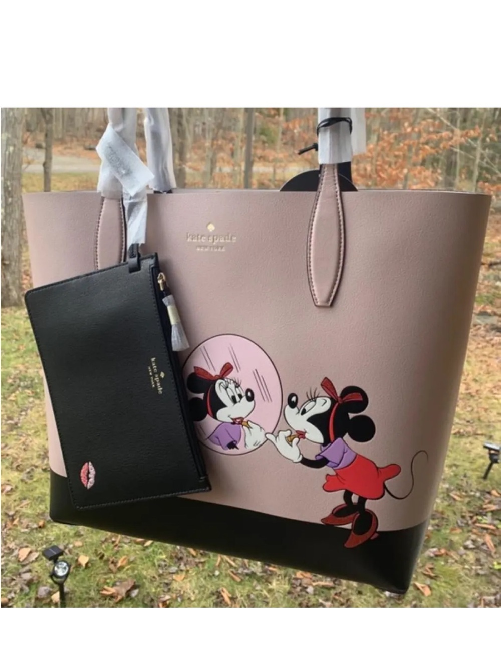 Kate Spade Minnie Mouse Reversible Tote Bag Pink Black Disney w/ Removable Pouch